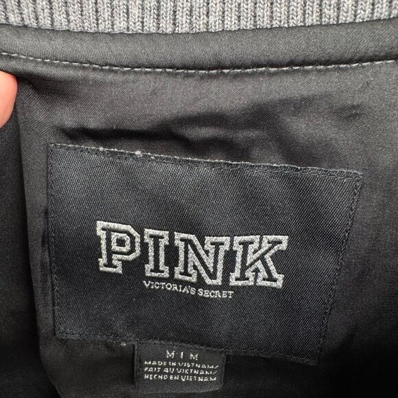 Victoria’s Secret PINK Leopard Varsity Jacket M Gray Black Rhinestone LOVE PINK - Picture 3 of 7